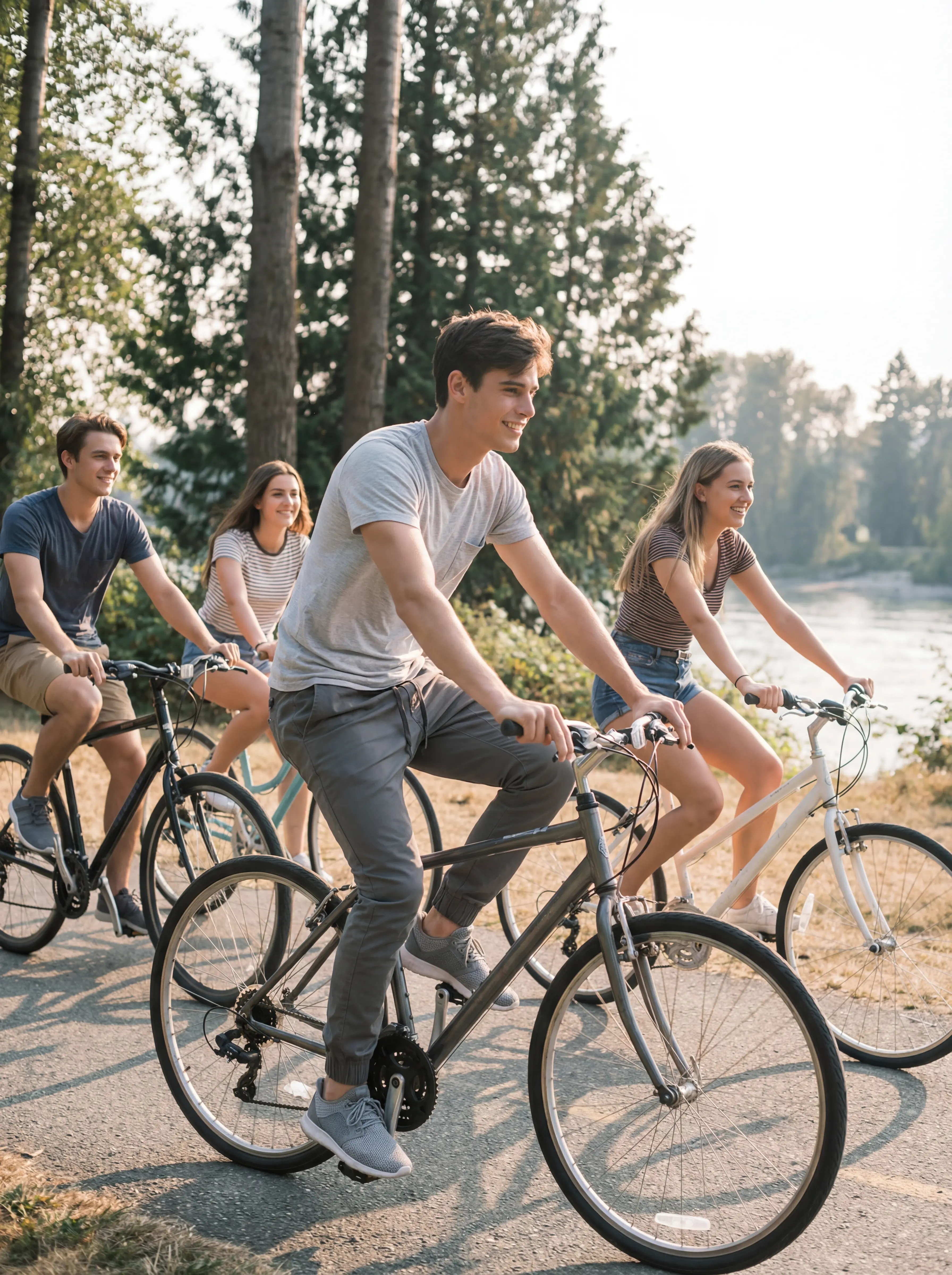 A dynamic action shot of several male models are riding bike in urban outdoor , wearing the mid grey jogger pants. The scene emphasizes movement and durability, paired with a white t-shirt and grey sneakers