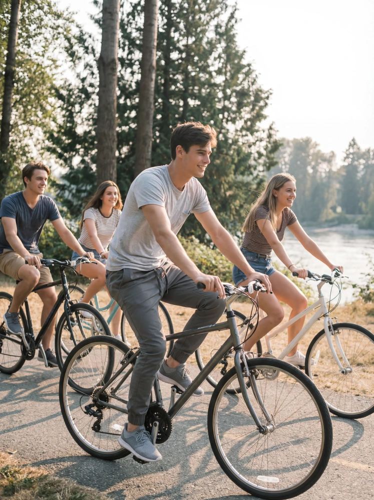 A dynamic action shot of several male models are riding bike in urban outdoor , wearing the mid grey jogger pants. The scene emphasizes movement and durability, paired with a white t-shirt and grey sneakers