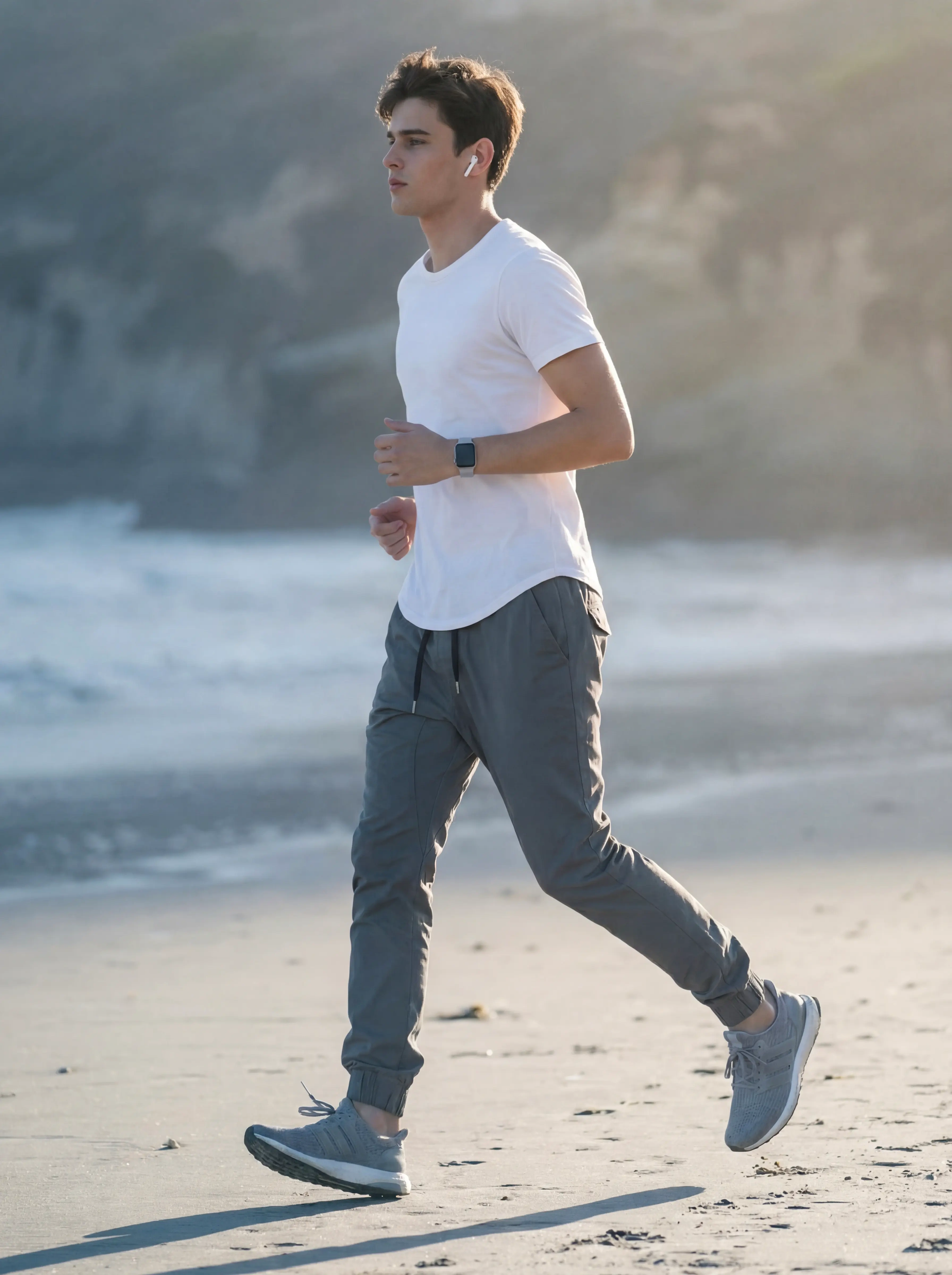 A man jogging at beach wearing ItalyMorn men's stone grey jogger pants, demonstrating the fabric's flexibility, stretch, and comfort for active outdoor wear