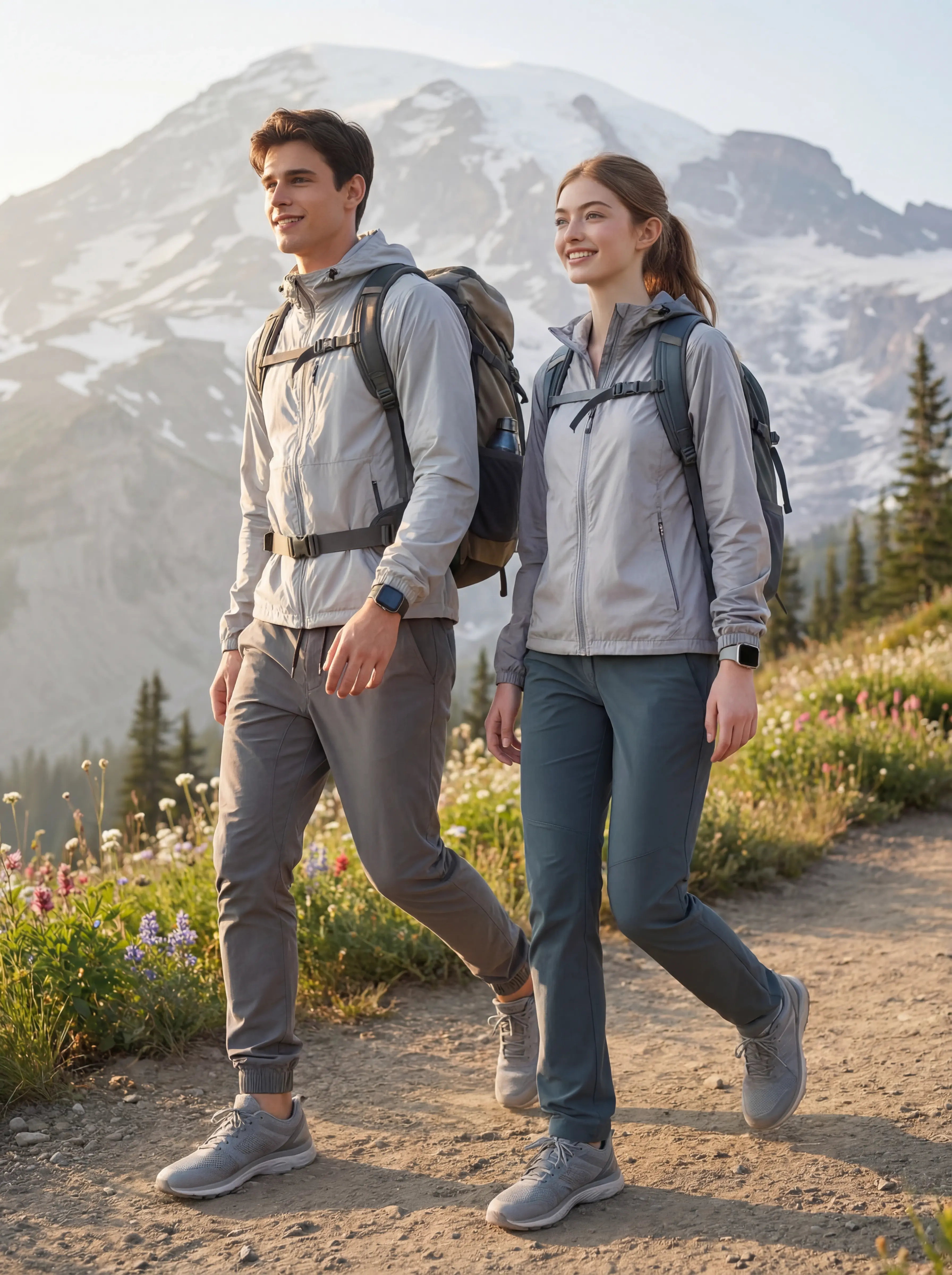 A couple hiking in a canyon landscape with trekking poles, wearing ItalyMorn men's grey jogger pants, highlighting the pants' durability and unrestricted range of motion for outdoor activities