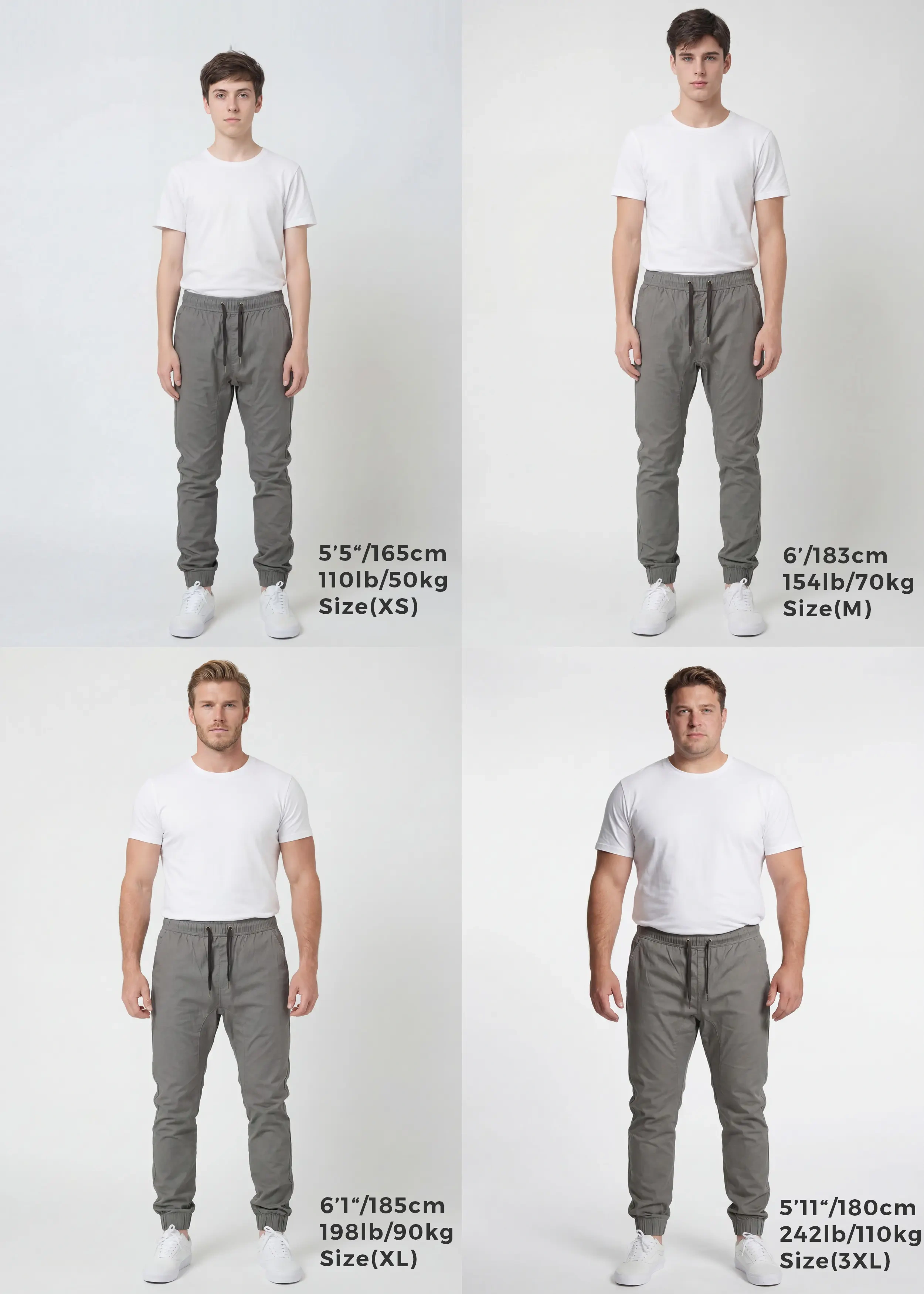 Size guide for ItalyMorn men's mid grey jogger pants, featuring four diverse male models of different heights (5'5", 6', 6'1", 5'11"), weights (110lb, 154lb, 198lb, 242lb), and sizes (XS, M, XL, 3XL), each wearing the mid grey joggers with a white t-shirt and white sneakers against a clean white studio background. Text below each model specifies height, weight, and size