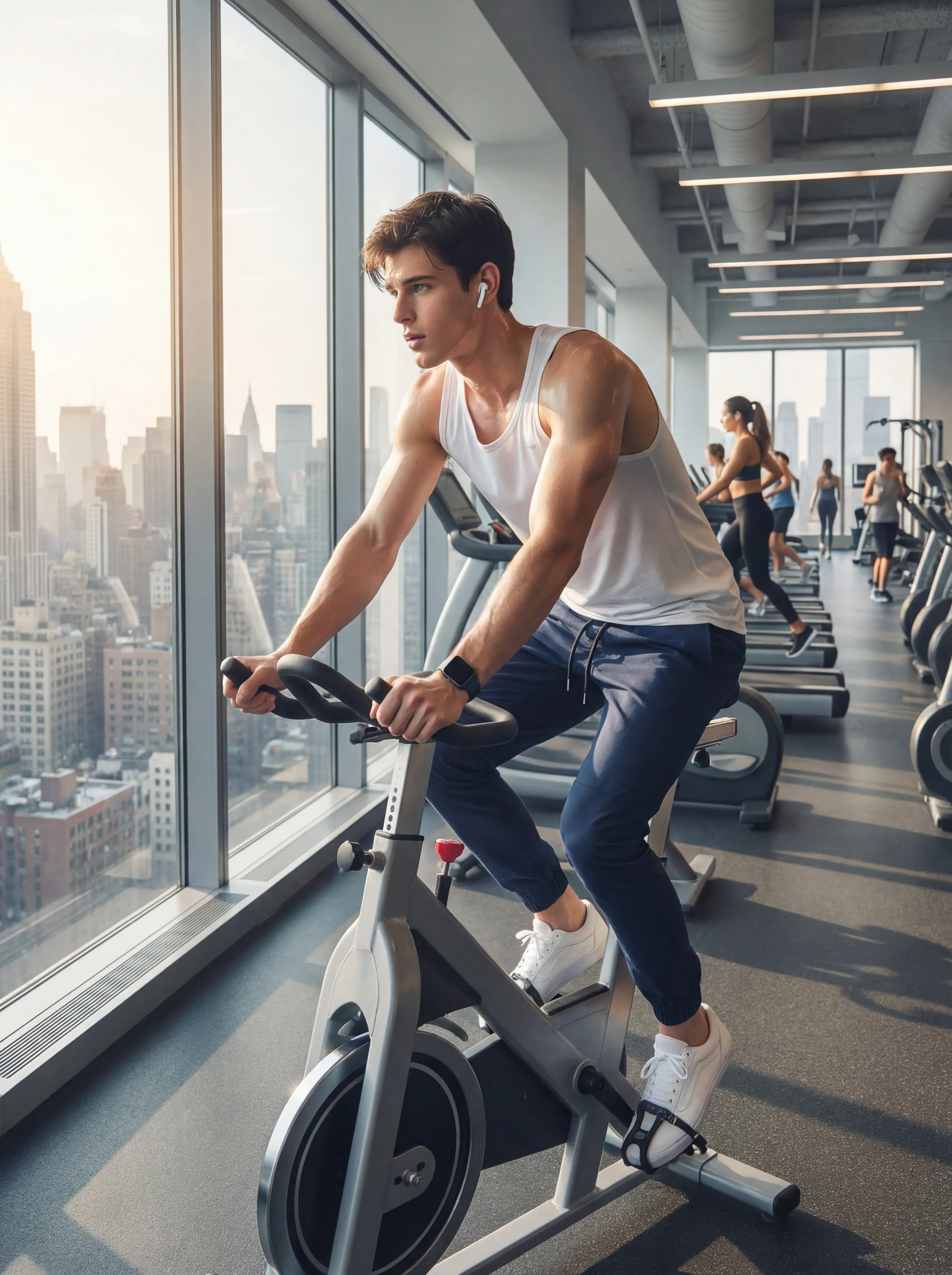 A male model riding a stationary exercise bike in a modern gym overlooking a city skyline. He is wearing a white tank top and ItalyMorn men's navy blue jogger pants, showcasing the high-performance stretch and comfort of the pants for indoor workouts