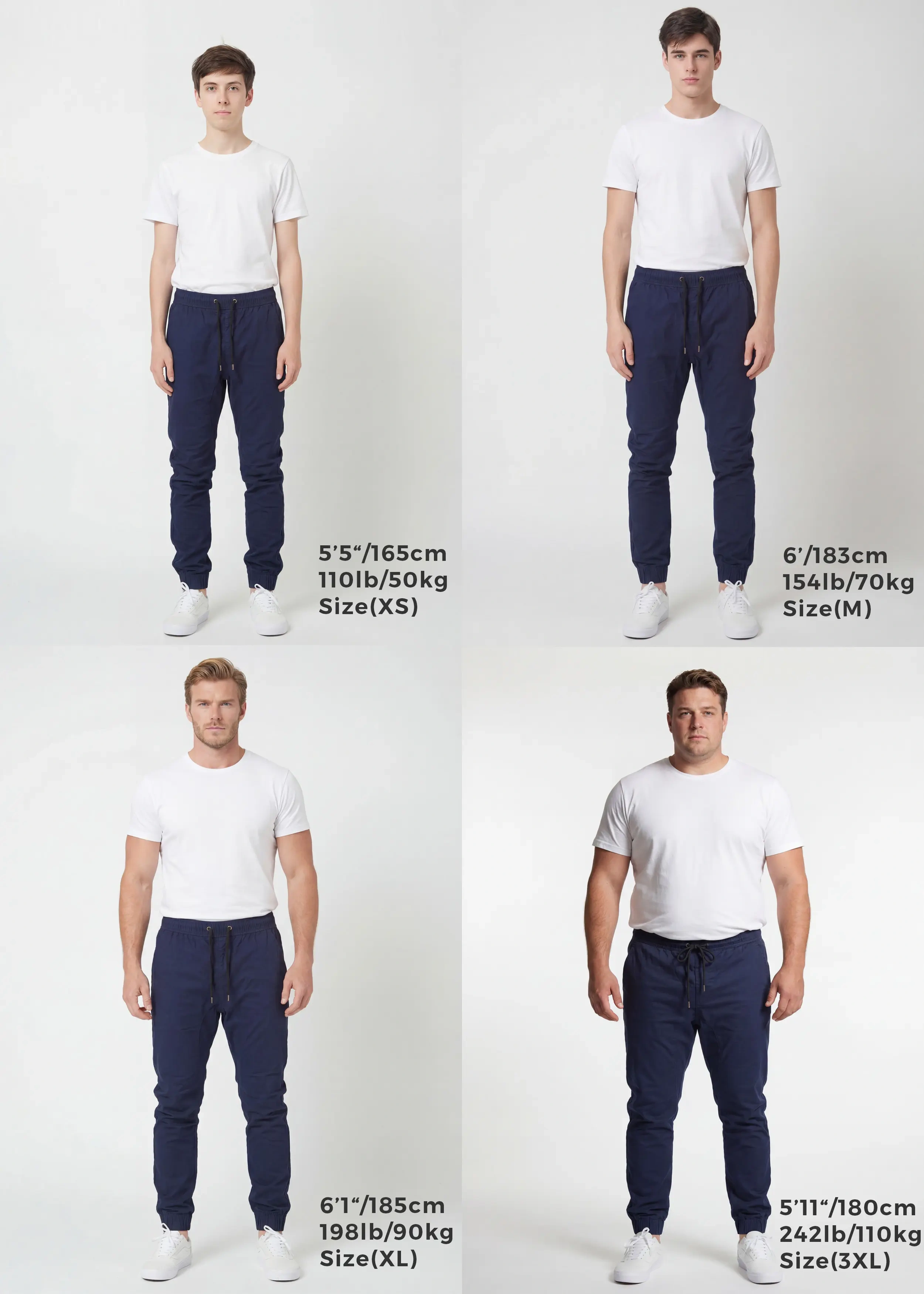 Size guide for ItalyMorn men's navy blue jogger pants, displaying four male models of varying heights (5'5", 6', 6'1", 5'11") and weights (110lb, 154lb, 198lb, 242lb) wearing sizes XS, M, XL, and 3XL. They are paired with white t-shirts and white sneakers against a white background to show the accurate fit across different body types