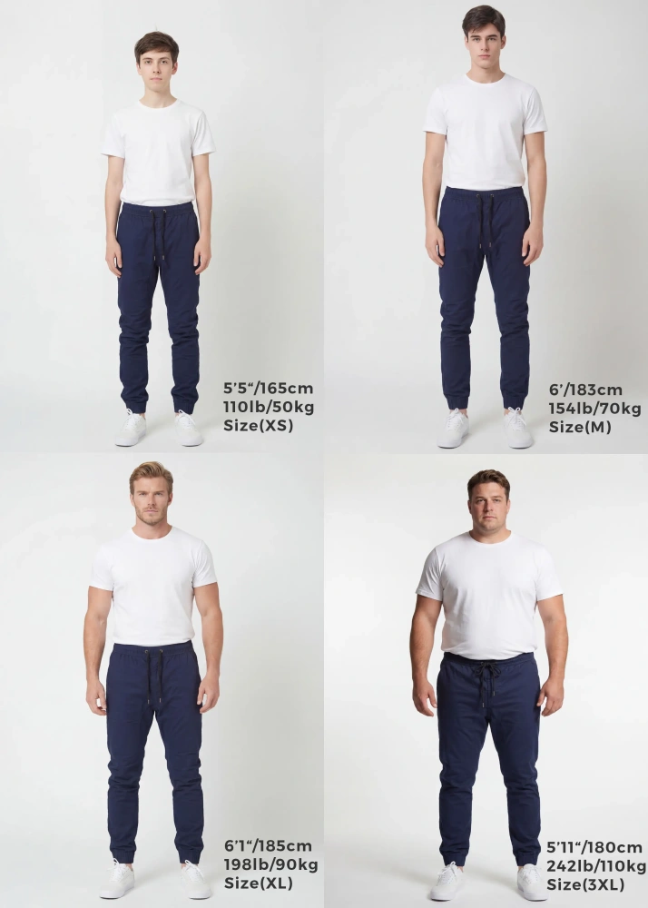 Size guide for ItalyMorn men's navy blue jogger pants, displaying four male models of varying heights (5'5", 6', 6'1", 5'11") and weights (110lb, 154lb, 198lb, 242lb) wearing sizes XS, M, XL, and 3XL. They are paired with white t-shirts and white sneakers against a white background to show the accurate fit across different body types