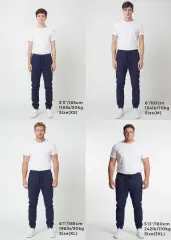 Size guide for ItalyMorn men's navy blue jogger pants, displaying four male models of varying heights (5'5", 6', 6'1", 5'11") and weights (110lb, 154lb, 198lb, 242lb) wearing sizes XS, M, XL, and 3XL. They are paired with white t-shirts and white sneakers against a white background to show the accurate fit across different body types