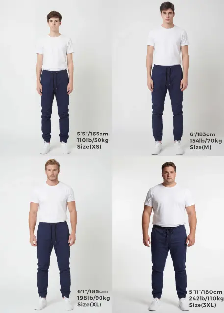 Size guide for ItalyMorn men's navy blue jogger pants, displaying four male models of varying heights (5'5", 6', 6'1", 5'11") and weights (110lb, 154lb, 198lb, 242lb) wearing sizes XS, M, XL, and 3XL. They are paired with white t-shirts and white sneakers against a white background to show the accurate fit across different body types