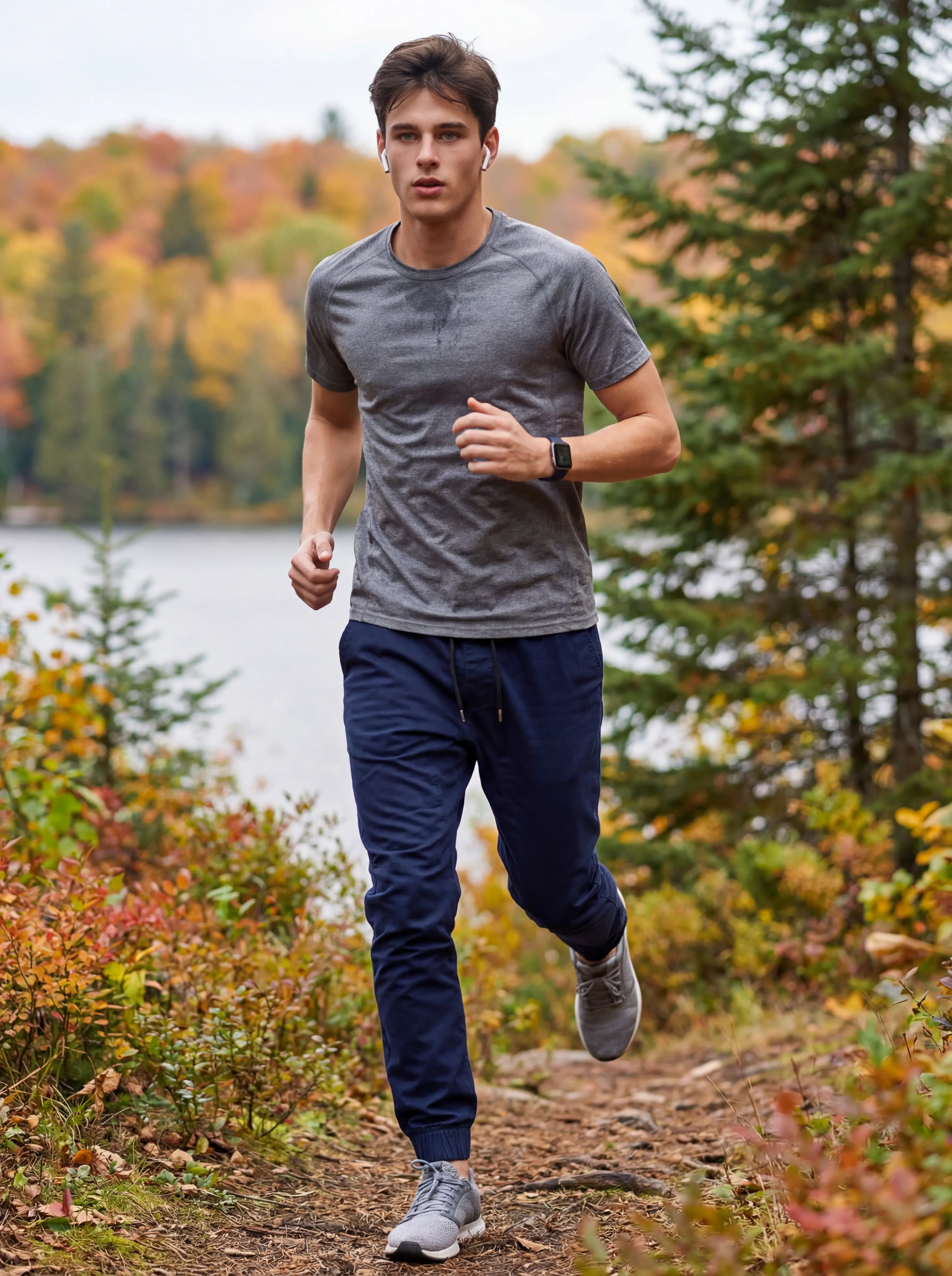  A male model trail running on a path through an autumn forest next to a lake, wearing a grey t-shirt and ItalyMorn men's navy blue jogger pants. This demonstrates the pants' flexibility and breathability for outdoor athletic activities