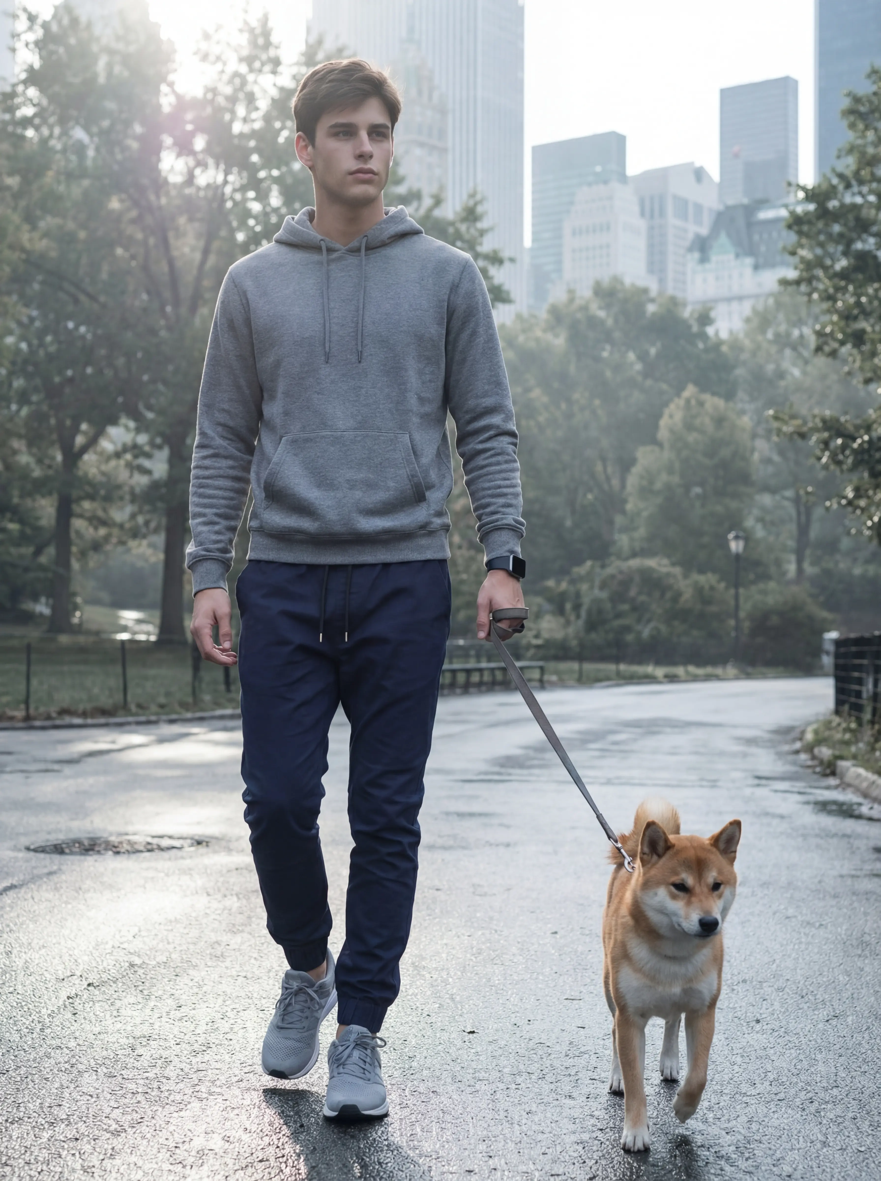A young man walking a Shiba Inu dog on a wet city street with a skyline in the background. He is wearing a grey hoodie and ItalyMorn men's navy blue jogger pants, illustrating a stylish and comfortable everyday urban outfit