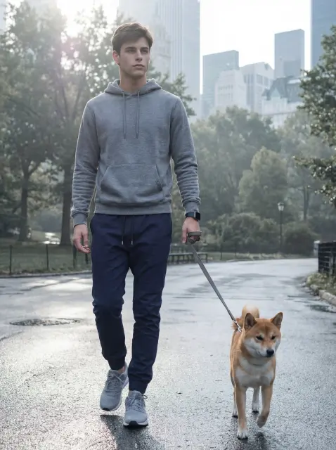 A young man walking a Shiba Inu dog on a wet city street with a skyline in the background. He is wearing a grey hoodie and ItalyMorn men's navy blue jogger pants, illustrating a stylish and comfortable everyday urban outfit