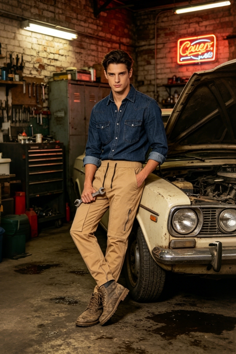 Men's Slim-Fit Tech Joggers with Zipper Pockets - Classic Khaki