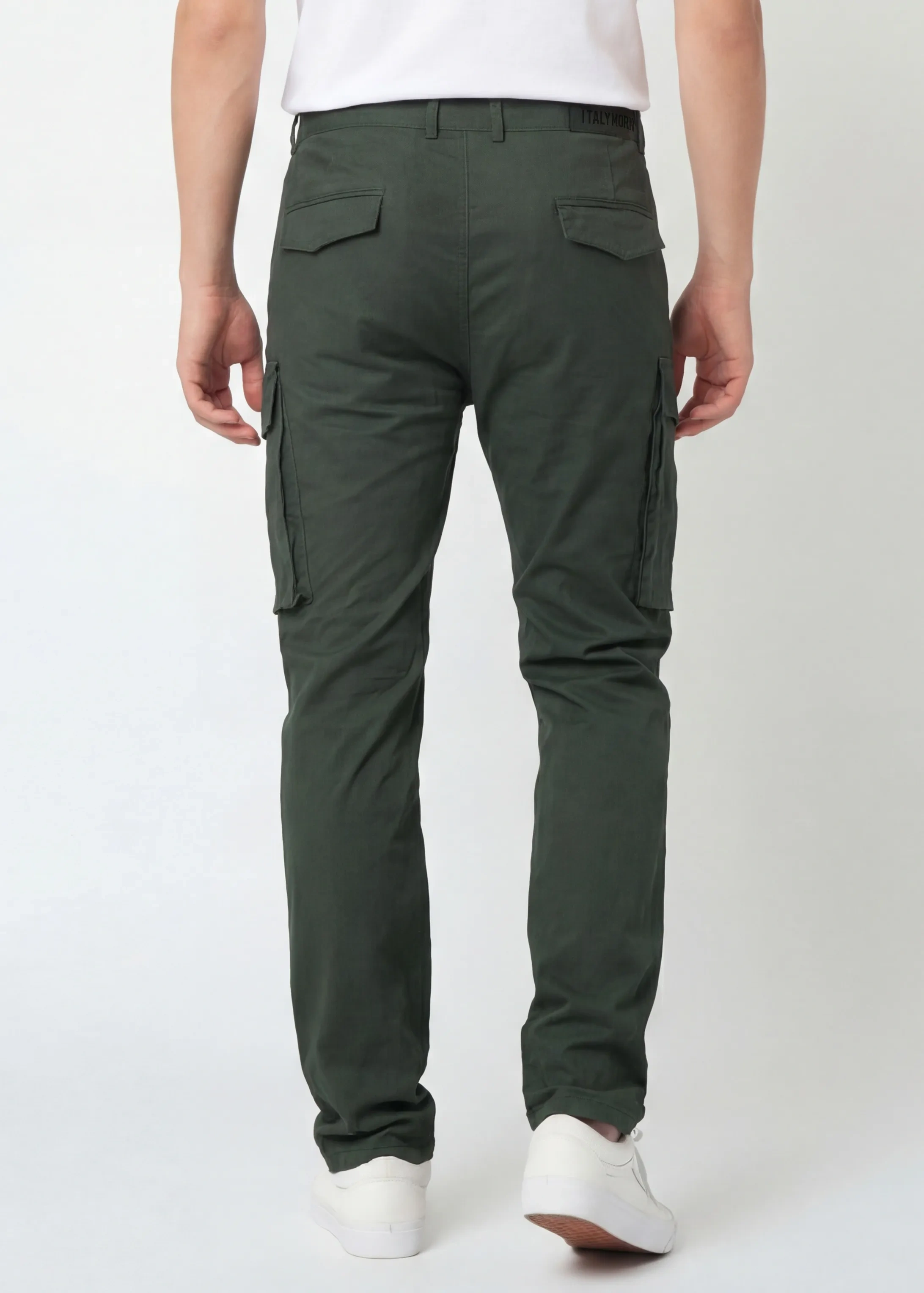 Back view of ItalyMorn men's army green cargo pants, showcasing the clean tailored seat, rear pockets, and the sleek profile of the side cargo pockets