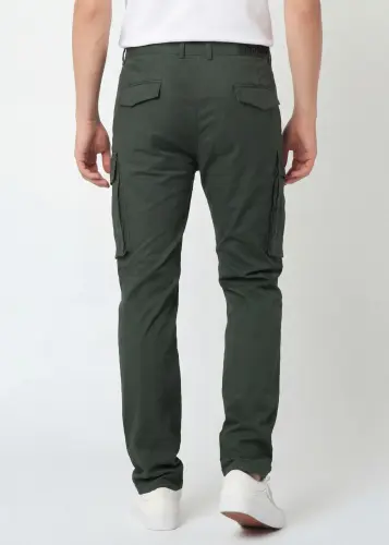 Back view of ItalyMorn men's army green cargo pants, showcasing the clean tailored seat, rear pockets, and the sleek profile of the side cargo pockets