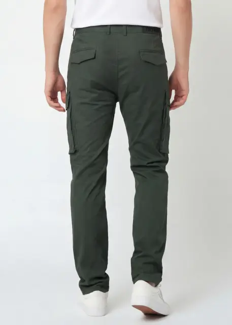 Back view of ItalyMorn men's army green cargo pants, showcasing the clean tailored seat, rear pockets, and the sleek profile of the side cargo pockets