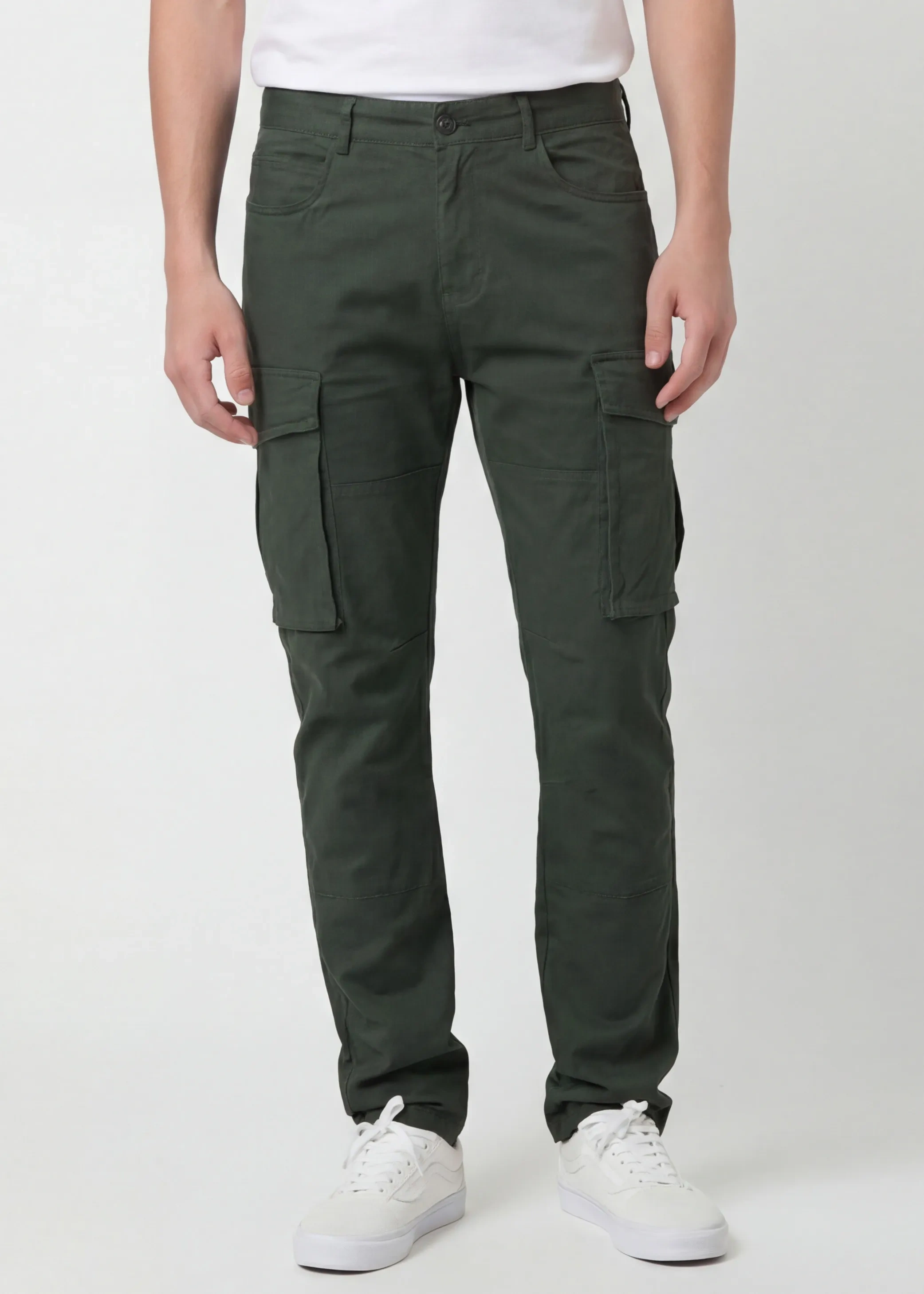 Front view of ItalyMorn men's army green cargo pants on a model, featuring a classic straight-leg fit, functional side cargo pockets, and paired with white sneakers for a casual everyday look.