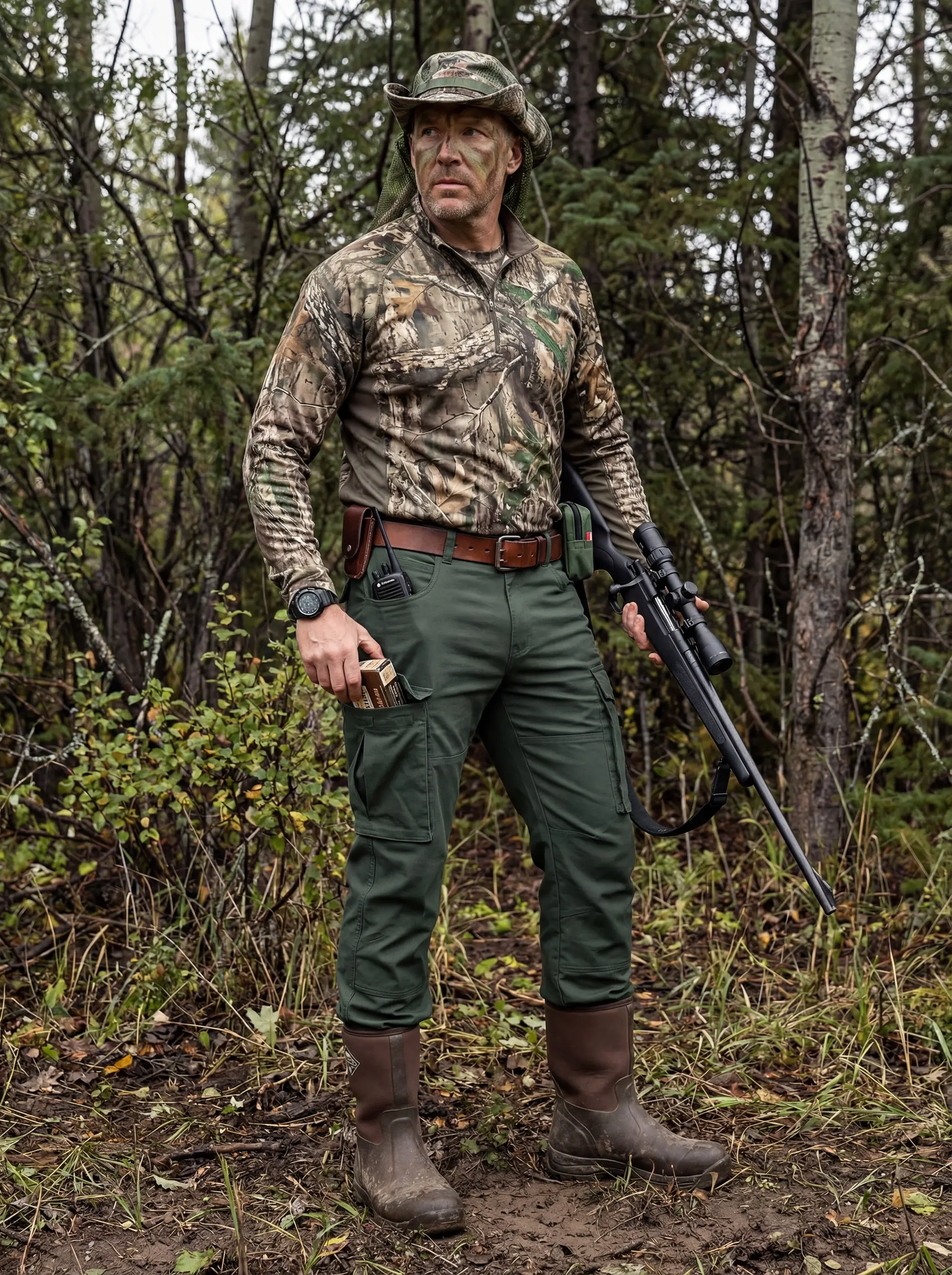 A hunter in a camouflage shirt and rubber boots standing in the woods holding a rifle, utilizing the deep side pockets of his ItalyMorn men's army green cargo pants for gear. This highlights the pants' tactical and field utility.