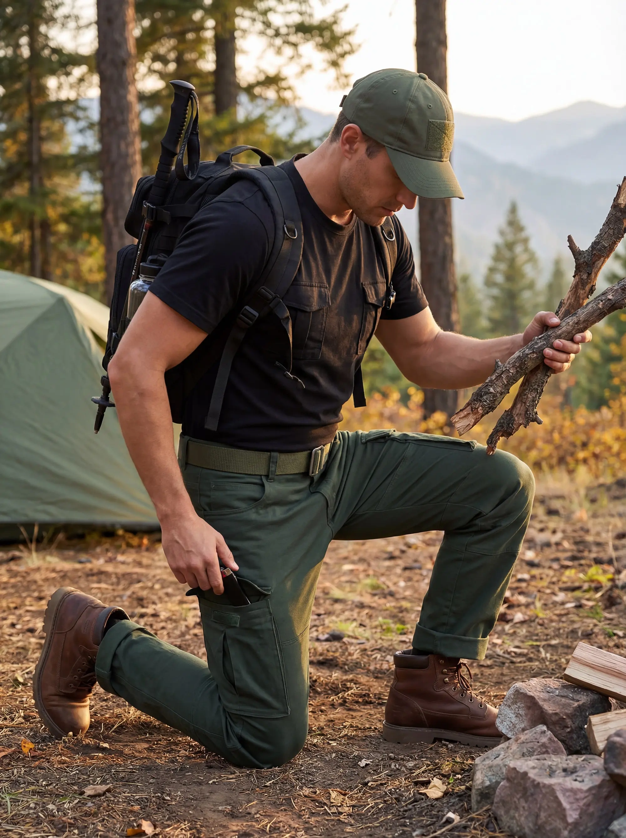 A man kneeling to gather firewood at a forest campsite wearing a backpack, boots, and ItalyMorn men's army green cargo pants. The image emphasizes the rugged durability and outdoor performance of the work pants.