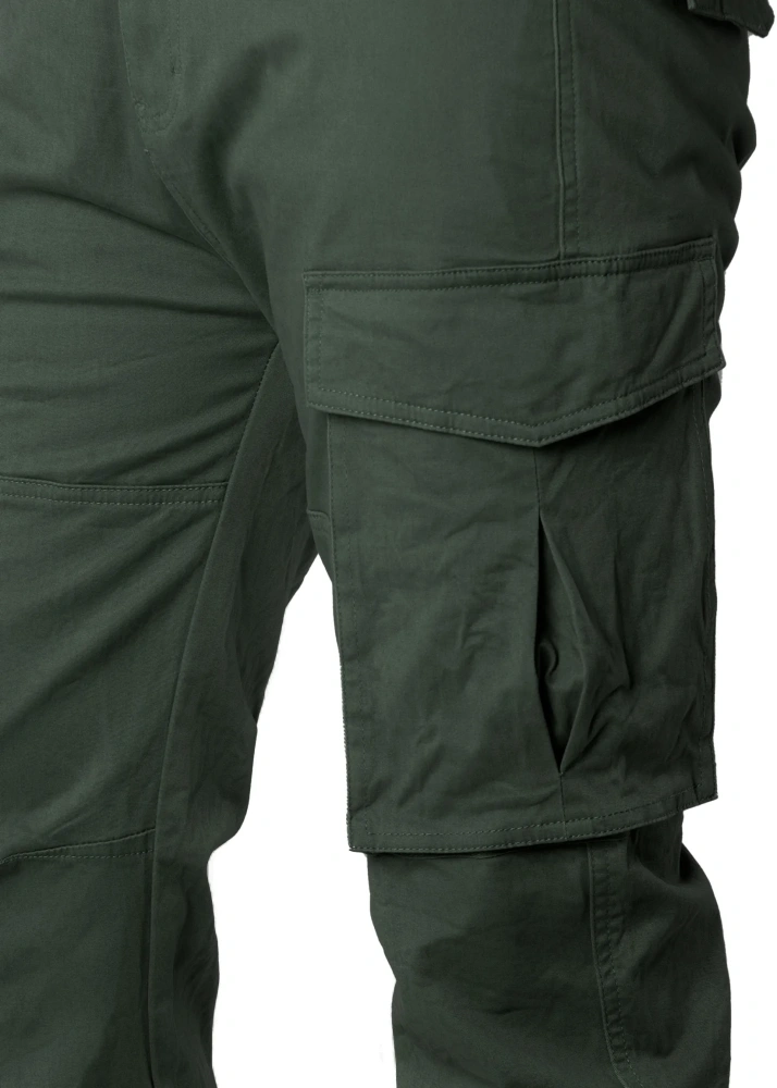 Close-up detail of ItalyMorn men's army green cargo pants, highlighting the durable fabric texture, reinforced double stitching, and the secure flap closure of the spacious side cargo pocket.