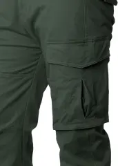 Close-up detail of ItalyMorn men's army green cargo pants, highlighting the durable fabric texture, reinforced double stitching, and the secure flap closure of the spacious side cargo pocket.