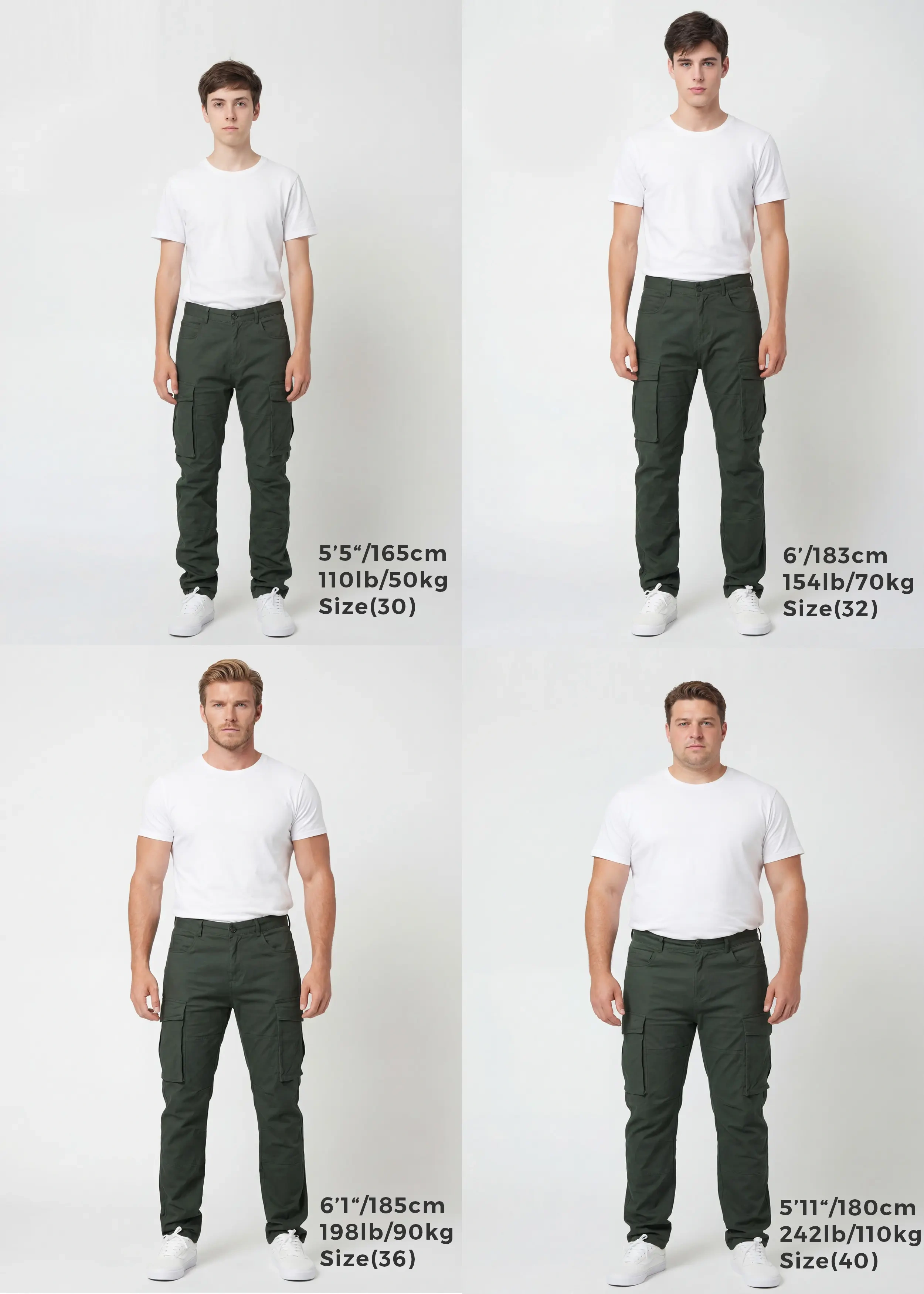 Size guide for ItalyMorn men's army green cargo pants, displaying four male models of different heights and weights wearing sizes 30, 32, 36, and 40 to illustrate the accurate fit across various body types