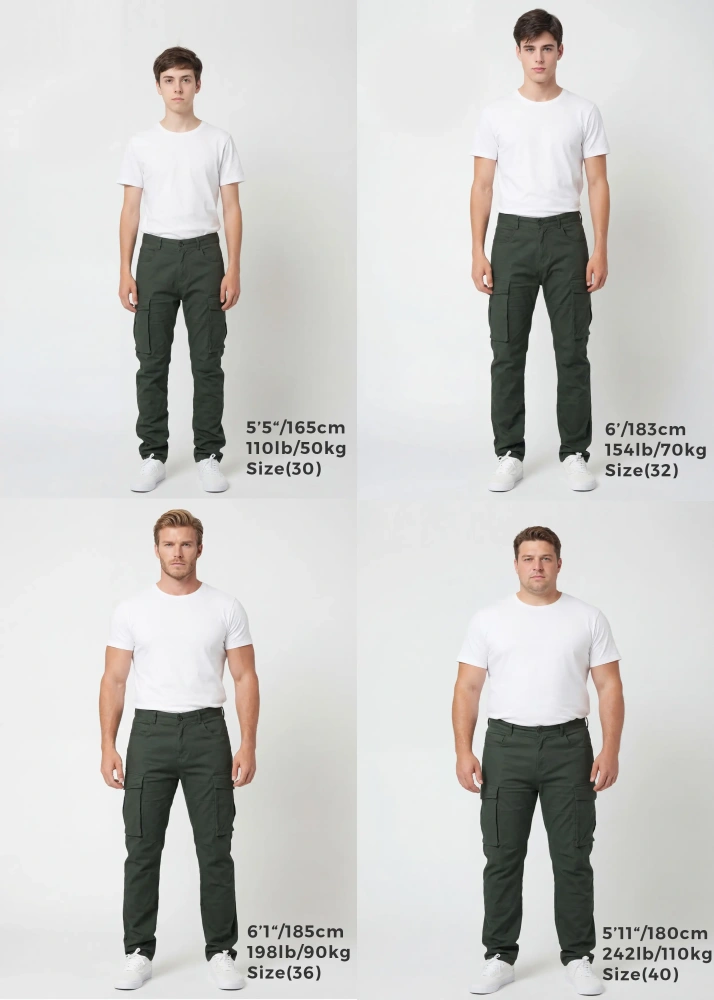 Size guide for ItalyMorn men's army green cargo pants, displaying four male models of different heights and weights wearing sizes 30, 32, 36, and 40 to illustrate the accurate fit across various body types