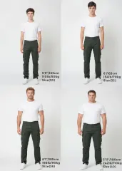 Size guide for ItalyMorn men's army green cargo pants, displaying four male models of different heights and weights wearing sizes 30, 32, 36, and 40 to illustrate the accurate fit across various body types