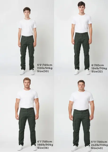 Size guide for ItalyMorn men's army green cargo pants, displaying four male models of different heights and weights wearing sizes 30, 32, 36, and 40 to illustrate the accurate fit across various body types