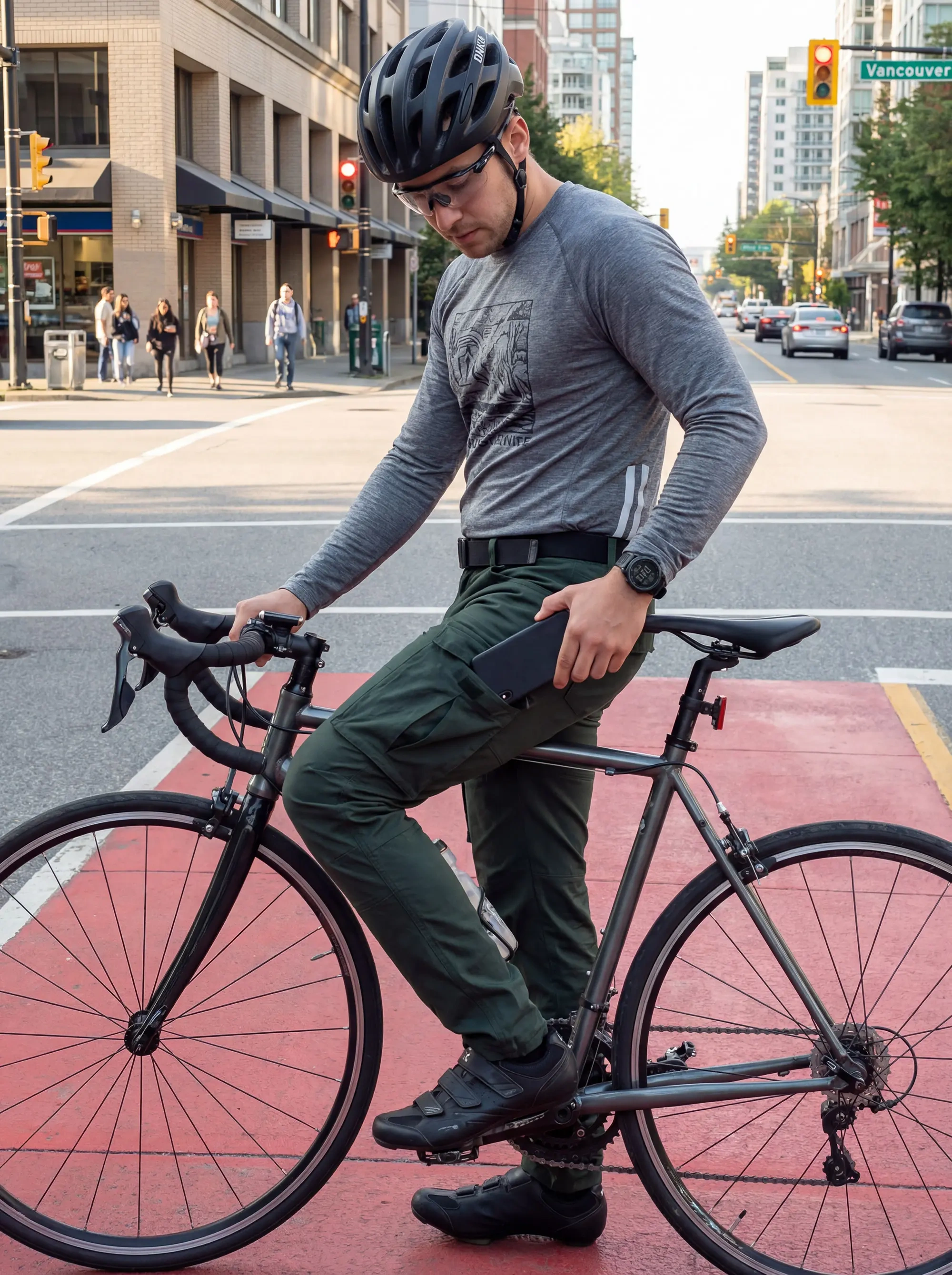 A man pausing on his road bike at a city intersection, easily pulling his smartphone from the side pocket of his ItalyMorn men's army green cargo pants, highlighting excellent urban utility and convenience.