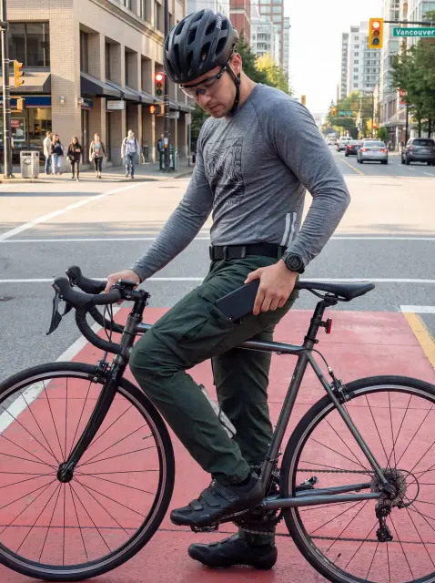 A man pausing on his road bike at a city intersection, easily pulling his smartphone from the side pocket of his ItalyMorn men's army green cargo pants, highlighting excellent urban utility and convenience.