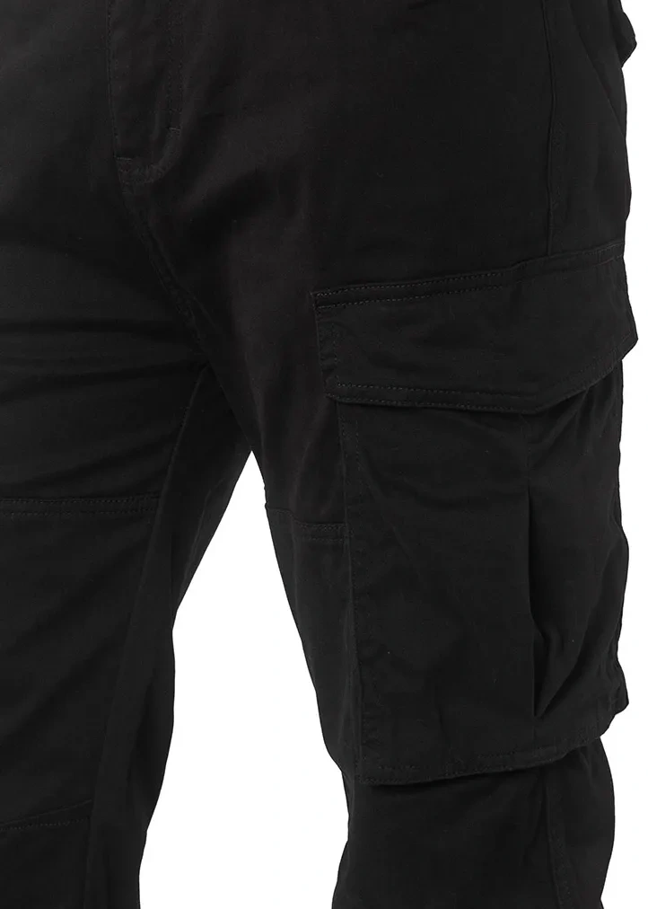 Close-up detail of ItalyMorn men's black cargo pants, highlighting the durable fabric texture, reinforced stitching, and the secure flap closure of the spacious side cargo pocket.
