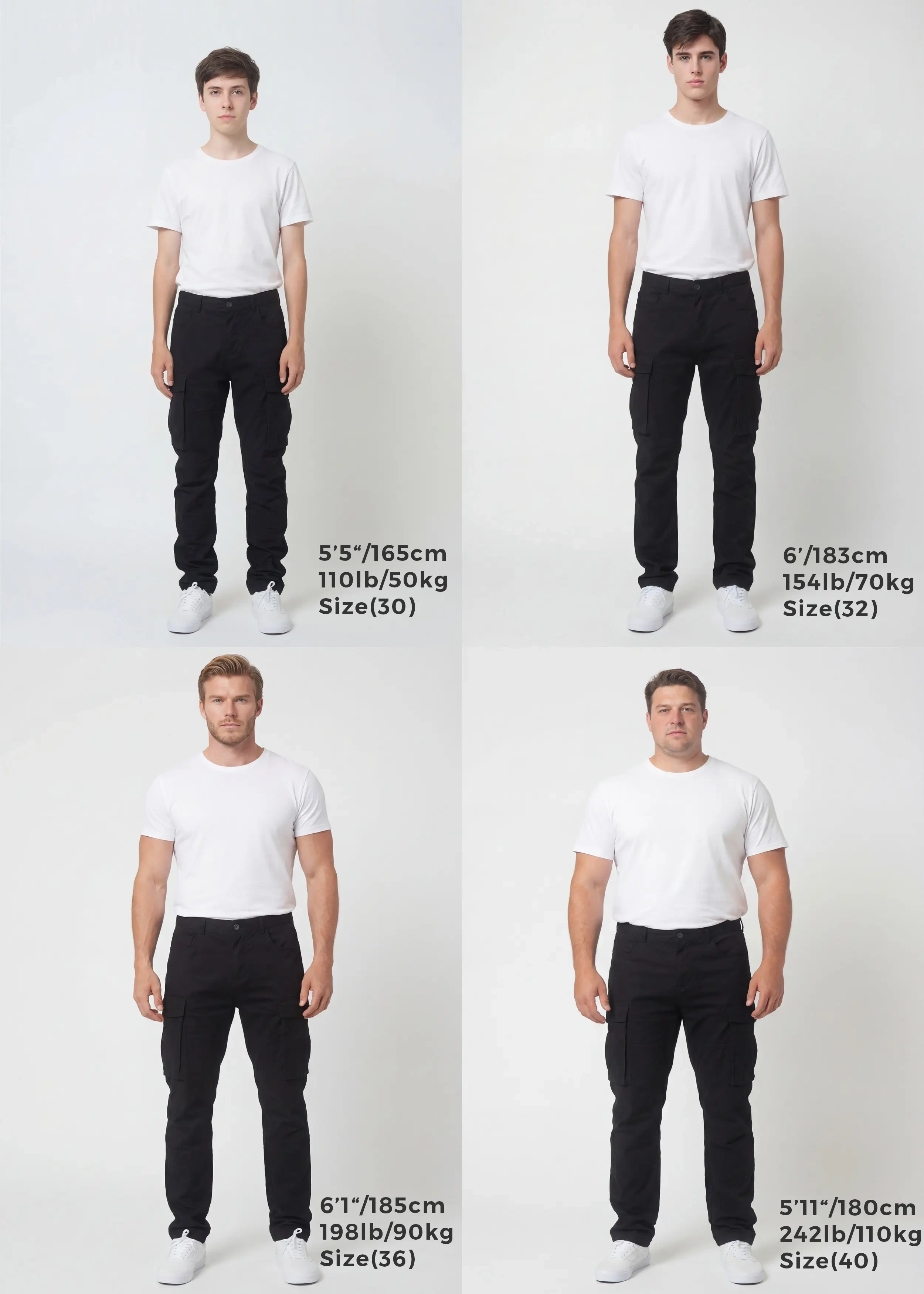 Size guide for ItalyMorn men's black cargo pants, displaying four male models of different heights and weights wearing sizes 30, 32, 36, and 40 to clearly illustrate the accurate fit across various body types.