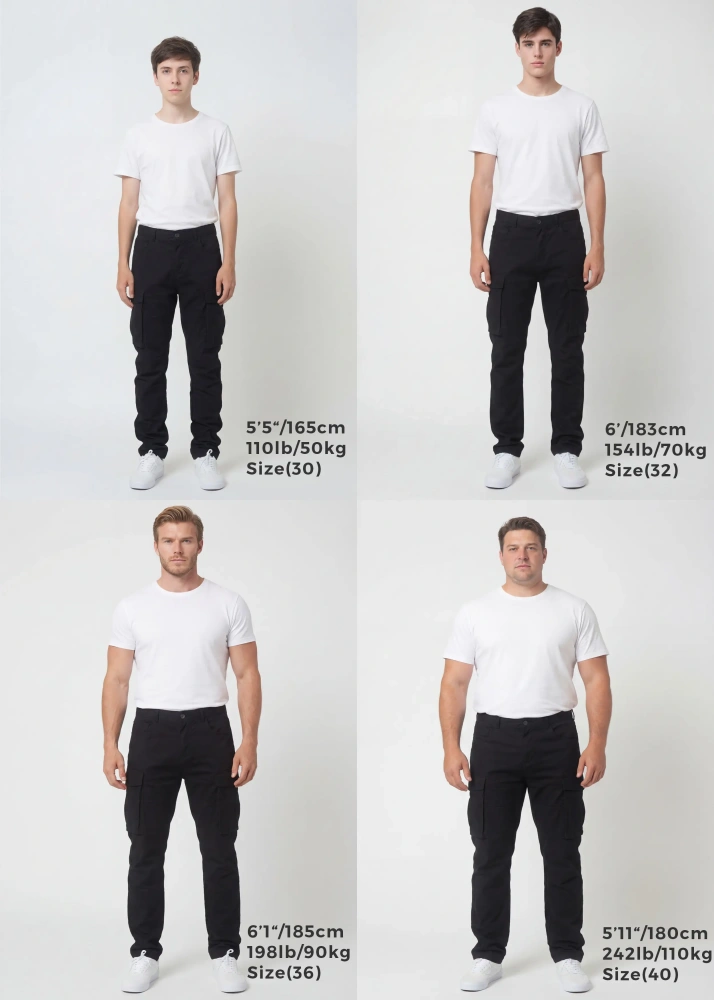 Size guide for ItalyMorn men's black cargo pants, displaying four male models of different heights and weights wearing sizes 30, 32, 36, and 40 to clearly illustrate the accurate fit across various body types.