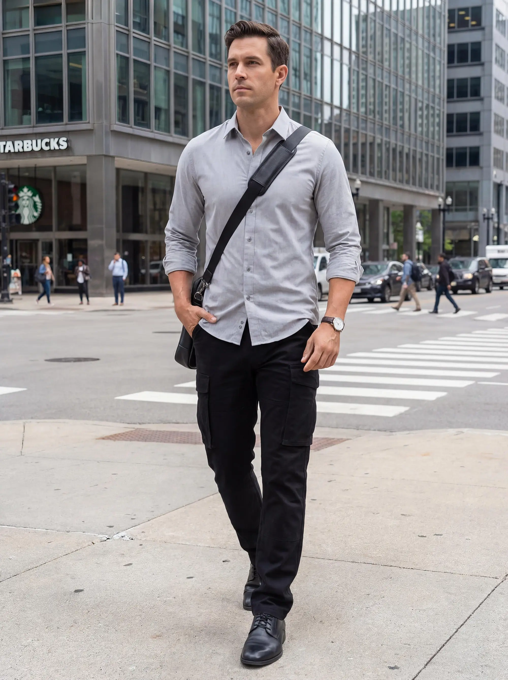 A man walking across a city crosswalk wearing a light grey button-down shirt, a messenger bag, and ItalyMorn men's black cargo pants. The image highlights the pants' versatility for a smart-casual work or city commute style.