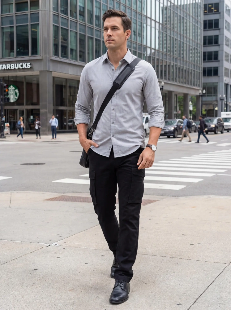 A man walking across a city crosswalk wearing a light grey button-down shirt, a messenger bag, and ItalyMorn men's black cargo pants. The image highlights the pants' versatility for a smart-casual work or city commute style.