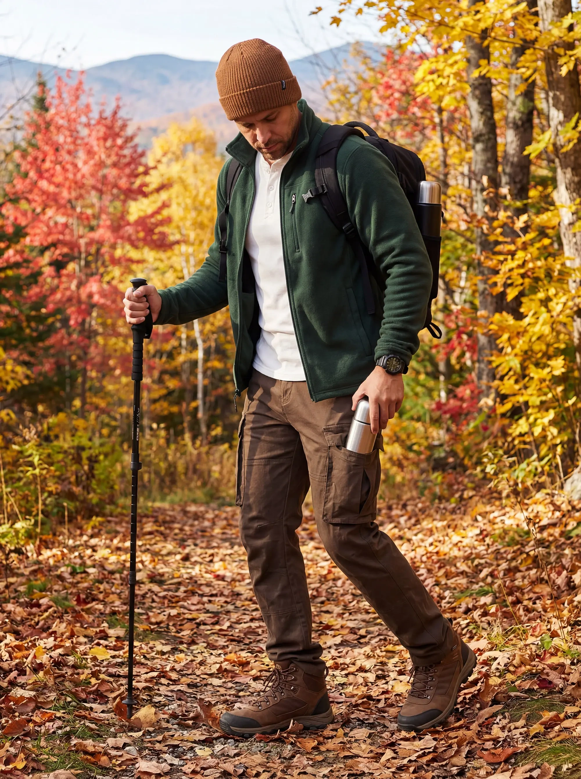 A man hiking on a beautiful autumn trail covered in fallen leaves, holding a trekking pole and a thermos. He is wearing a green fleece jacket and ItalyMorn men's coffee brown cargo pants, showcasing their rugged outdoor durability.