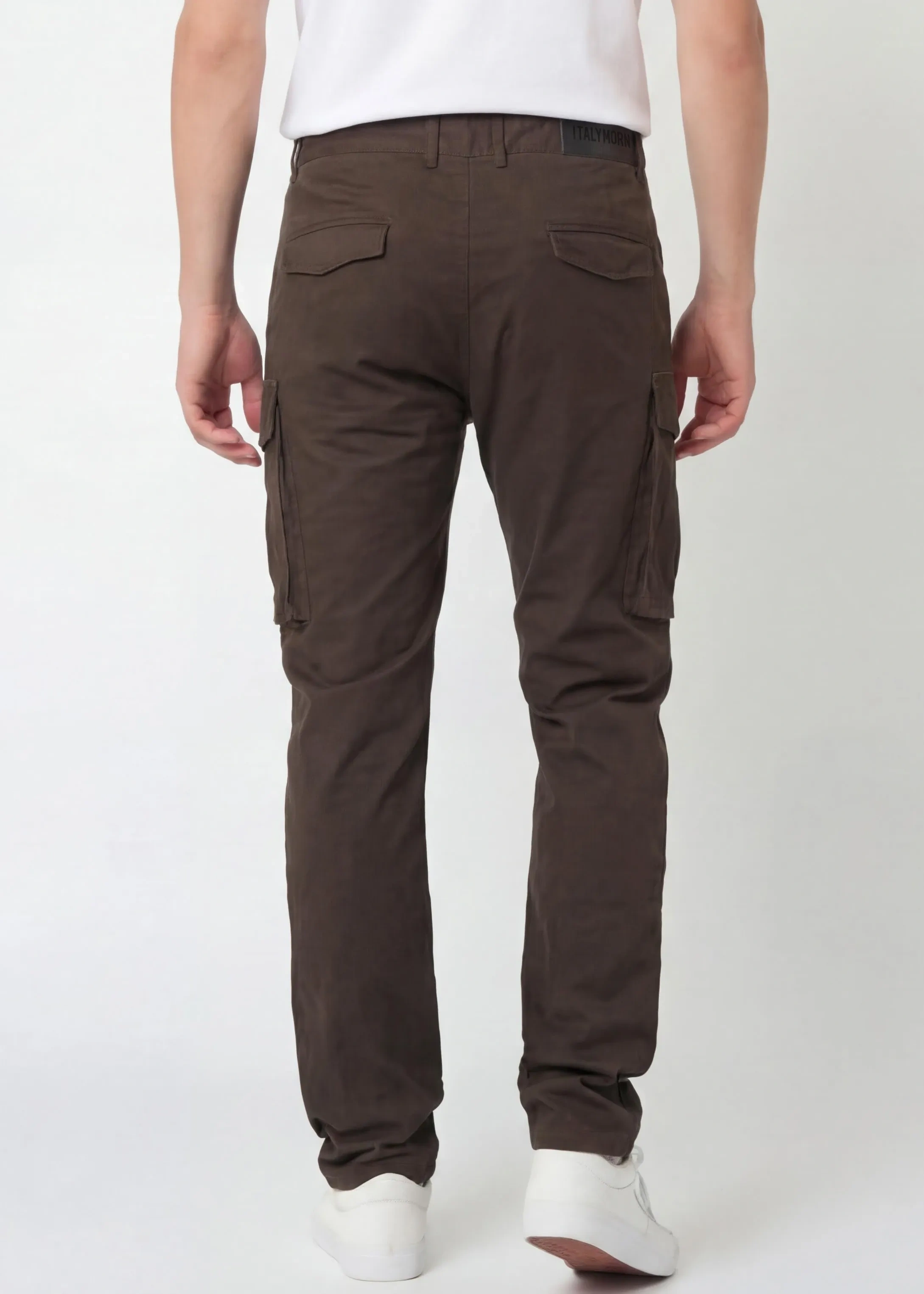 Back view of ItalyMorn men's coffee brown cargo pants, showcasing the clean tailored seat, rear pockets, and the sleek profile of the side cargo pockets