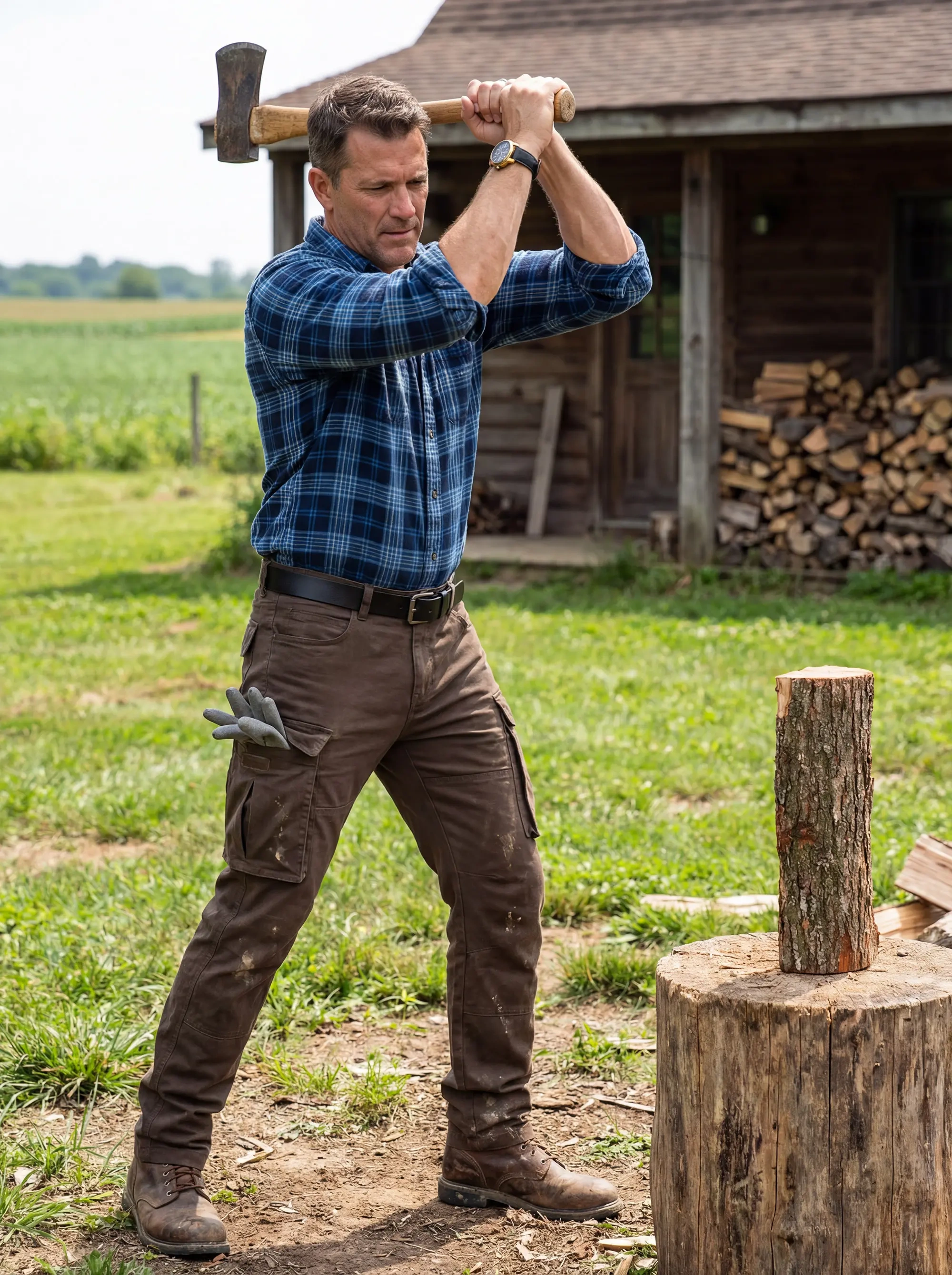 A robust man swinging an axe to chop wood outside a rustic cabin, wearing a blue plaid shirt and ItalyMorn men's coffee brown cargo pants with work gloves tucked into the pocket, emphasizing rugged workwear utility