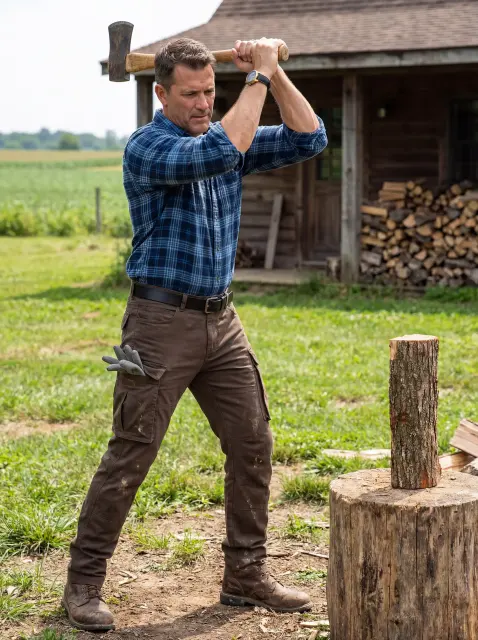 A robust man swinging an axe to chop wood outside a rustic cabin, wearing a blue plaid shirt and ItalyMorn men's coffee brown cargo pants with work gloves tucked into the pocket, emphasizing rugged workwear utility