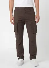 Front view of ItalyMorn men's coffee brown cargo pants on a model, featuring a classic straight-leg fit, functional side cargo pockets, and paired with white sneakers for a casual everyday look.