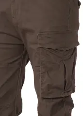 Close-up detail of ItalyMorn men's coffee brown cargo pants, highlighting the durable fabric texture, reinforced double stitching, and the secure flap closure of the spacious side cargo pocket.