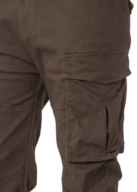 Close-up detail of ItalyMorn men's coffee brown cargo pants, highlighting the durable fabric texture, reinforced double stitching, and the secure flap closure of the spacious side cargo pocket.