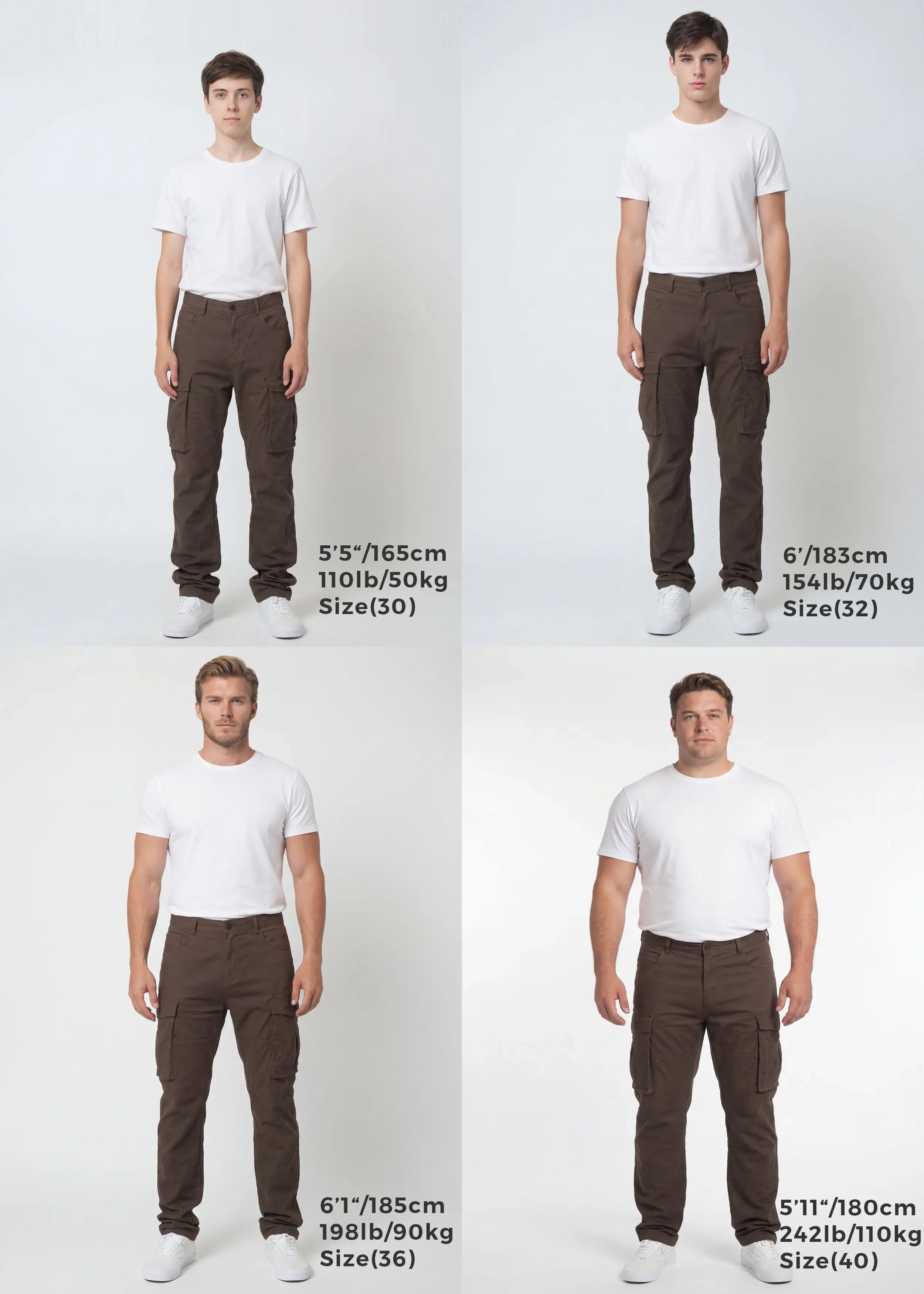 Size guide for ItalyMorn men's coffee brown cargo pants, displaying four male models of different heights and weights wearing sizes 30, 32, 36, and 40 to clearly illustrate the accurate fit across various body types.