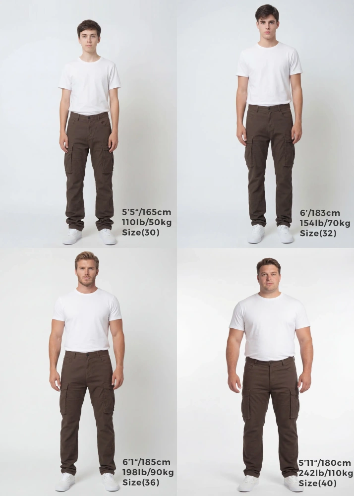 Size guide for ItalyMorn men's coffee brown cargo pants, displaying four male models of different heights and weights wearing sizes 30, 32, 36, and 40 to clearly illustrate the accurate fit across various body types.