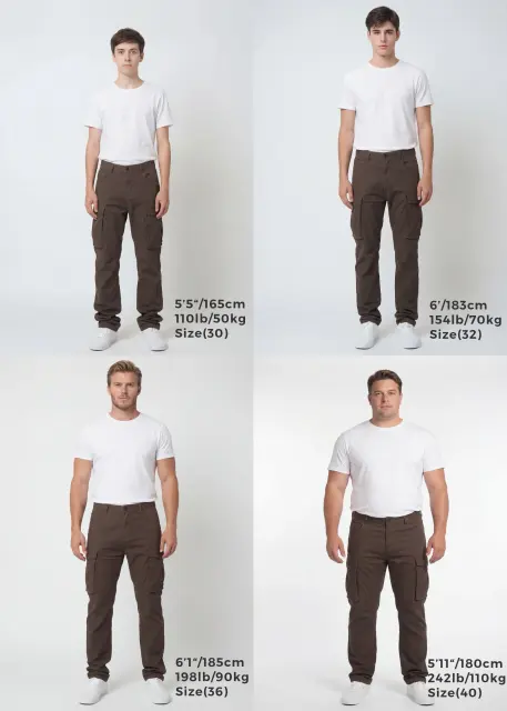 Size guide for ItalyMorn men's coffee brown cargo pants, displaying four male models of different heights and weights wearing sizes 30, 32, 36, and 40 to clearly illustrate the accurate fit across various body types.