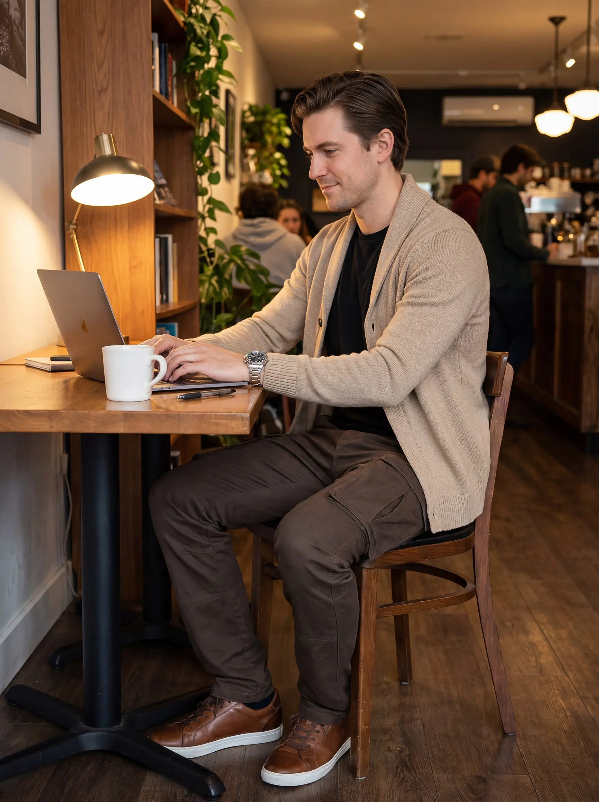 A man working on a laptop at a cozy cafe table, wearing a beige cardigan, brown leather shoes, and ItalyMorn men's coffee brown cargo pants. This highlights the pants' versatility for a smart-casual or remote work lifestyle.