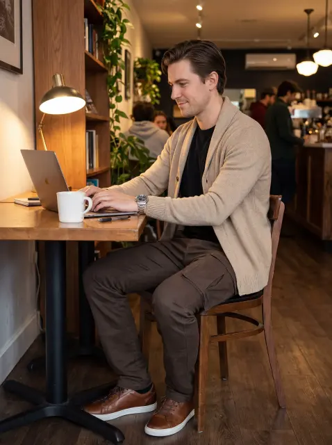 A man working on a laptop at a cozy cafe table, wearing a beige cardigan, brown leather shoes, and ItalyMorn men's coffee brown cargo pants. This highlights the pants' versatility for a smart-casual or remote work lifestyle.