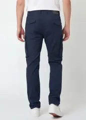 Back view of ItalyMorn men's dark blue cargo pants, showcasing the clean tailored fit, dual rear pockets with flaps, and the sleek profile of the side cargo pockets