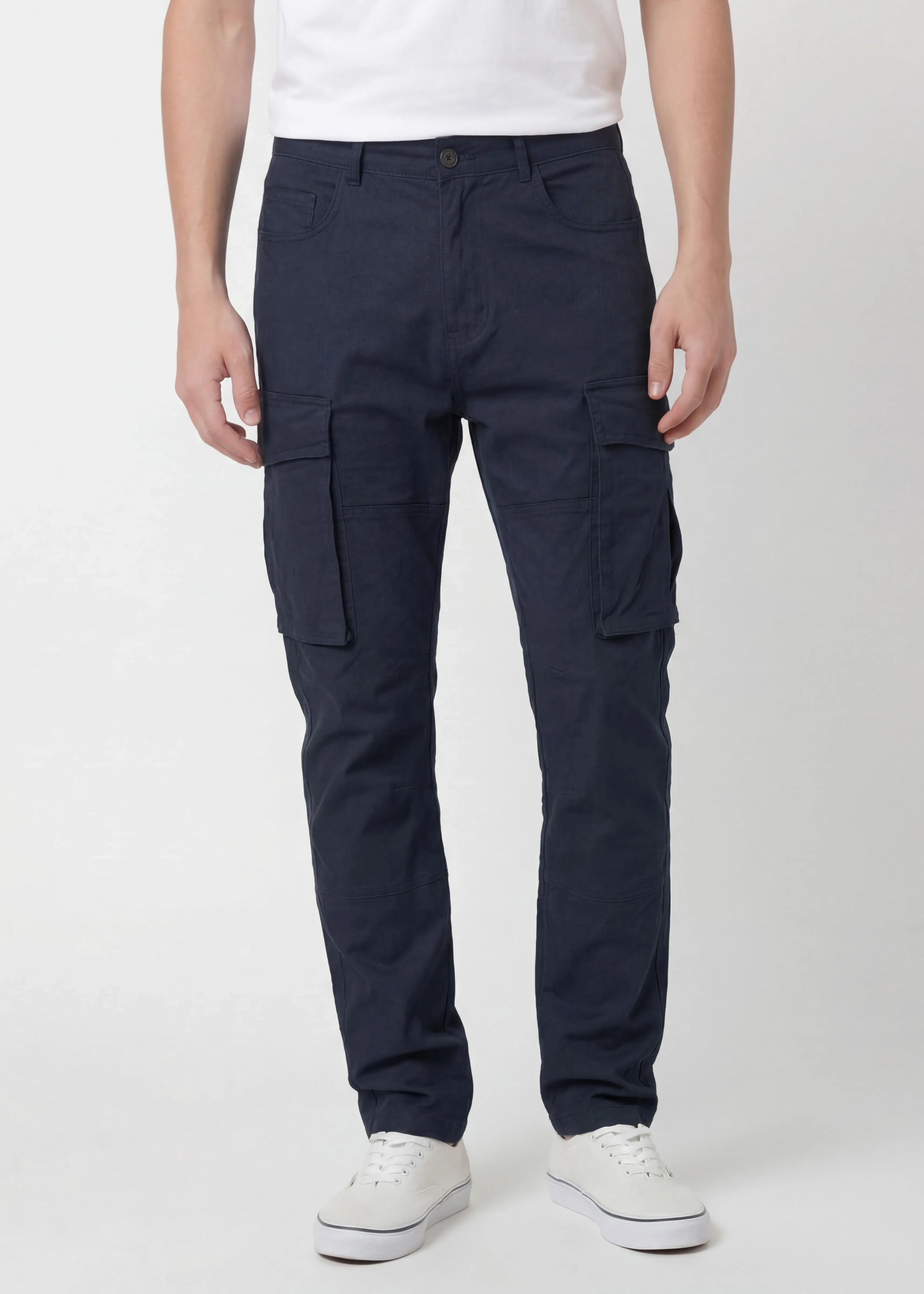 Front view of ItalyMorn men's dark blue cargo pants on a model, featuring a classic straight-leg fit, functional side cargo pockets, and paired with white sneakers for a versatile everyday look.