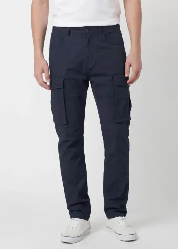 Front view of ItalyMorn men's dark blue cargo pants on a model, featuring a classic straight-leg fit, functional side cargo pockets, and paired with white sneakers for a versatile everyday look.