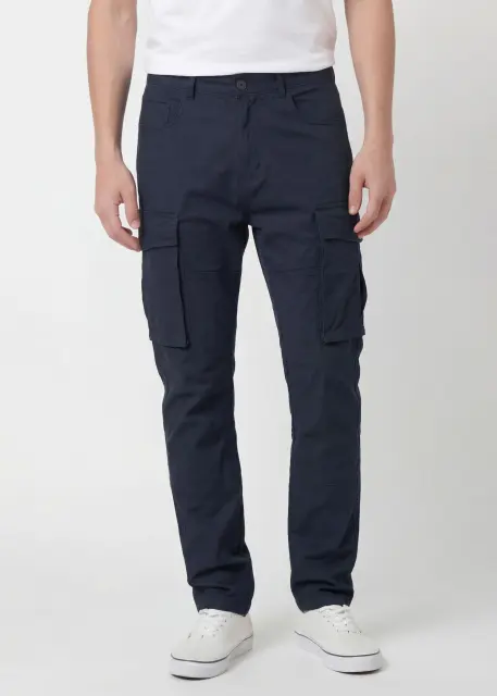 Front view of ItalyMorn men's dark blue cargo pants on a model, featuring a classic straight-leg fit, functional side cargo pockets, and paired with white sneakers for a versatile everyday look.