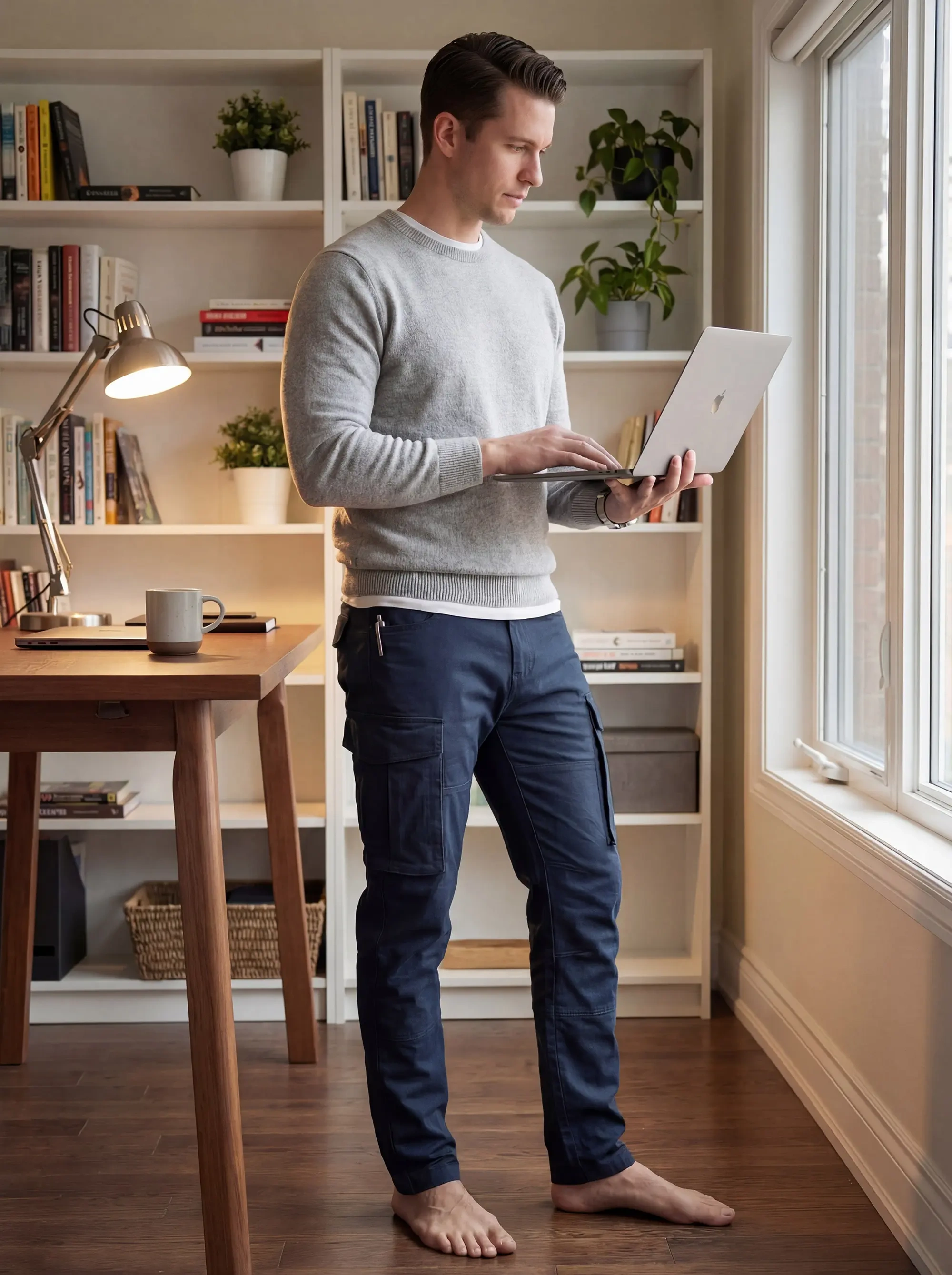  A man working on a laptop while standing at a wooden desk in a cozy home office. He is wearing a grey sweater and ItalyMorn men's dark blue cargo pants with a pen clipped to the pocket, illustrating a comfortable remote work style